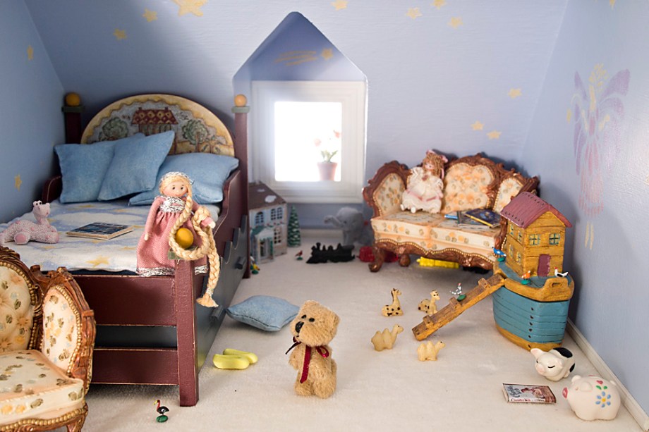 Miniature Dollhouse Children's Room The adoring teddy bear prince calls to his lady love to let down her hair