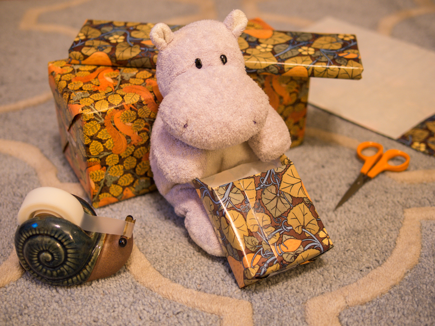A Tiny Hippo Wrapping Gifts
