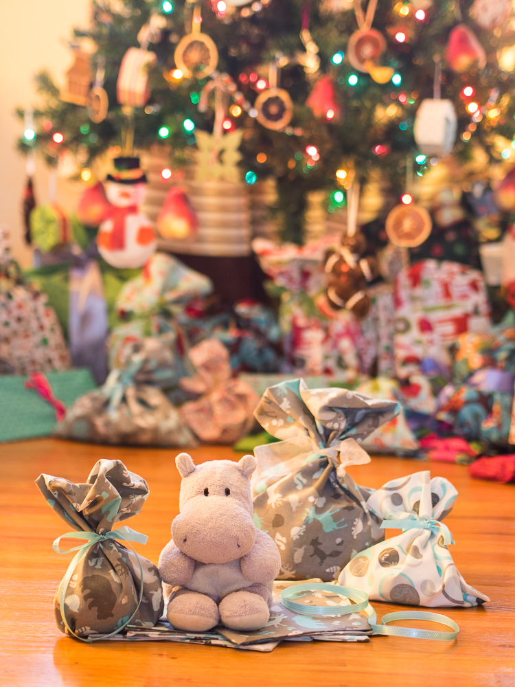 Tiny Hippo with Christmas Gift Bags